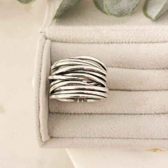 925 Sterling Silver Chunky Ring Thick Wide Ring Band Multi Layer Vintage Ring - Picture 2 of 13